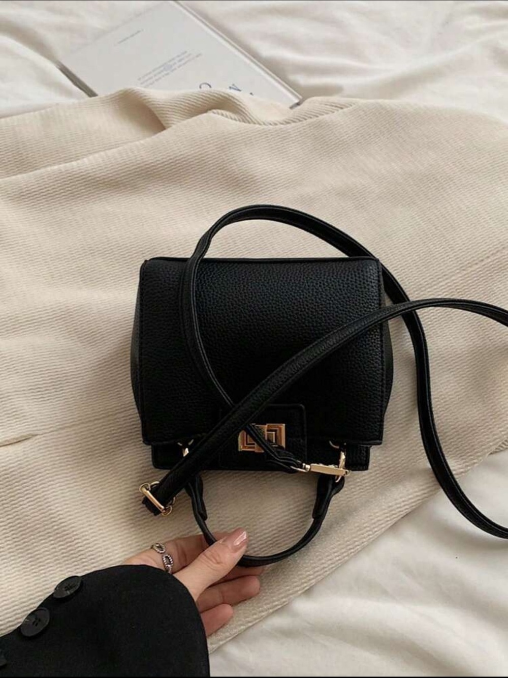 Black Pebbled Leather Top-Handle Crossbody Mini Bag - Picture 9 of 10